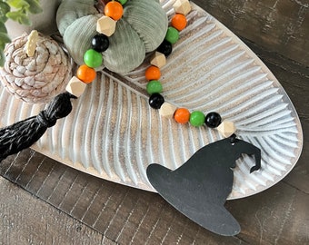 SHOP CLOSING! SALE! Halloween wood bead garland with tassel and witch hat, tiered tray beads, Halloween tiered tray, Halloween decoration