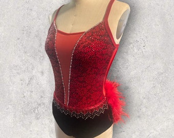 Custom Dance costume, dance competition, red velvet with silver and black glitter, black panty, ombre fringe, red ostrich feathers, crystals