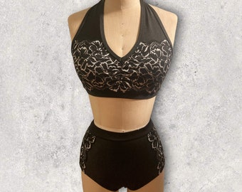 Competitive Dance costume, two piece set, halter top and panties with lace, custom made costume, made to order