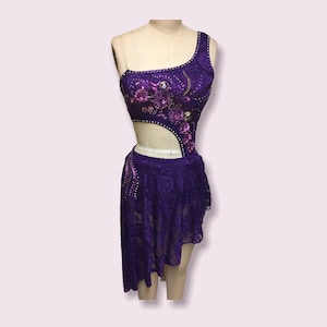 Competitive Costume made to order Purple Dance Costume with Applique and Crystals asymmetrical top attached to skirt and dance panty