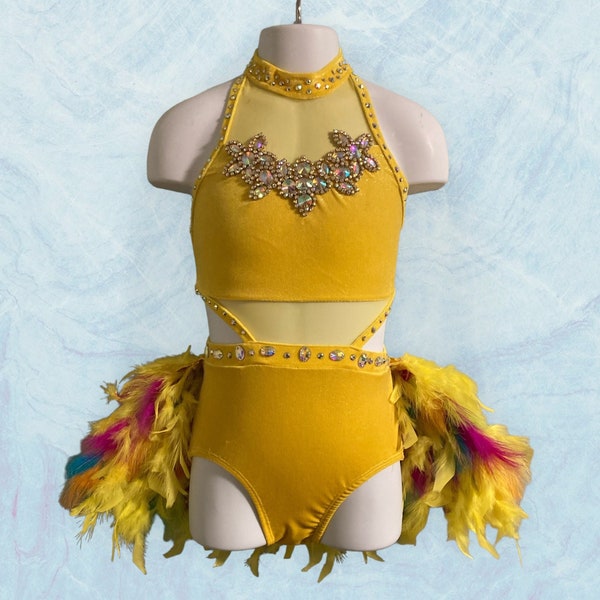 Yellow Velvet Dance Costume, Feathered Bustle, Size M, Ready to Ship