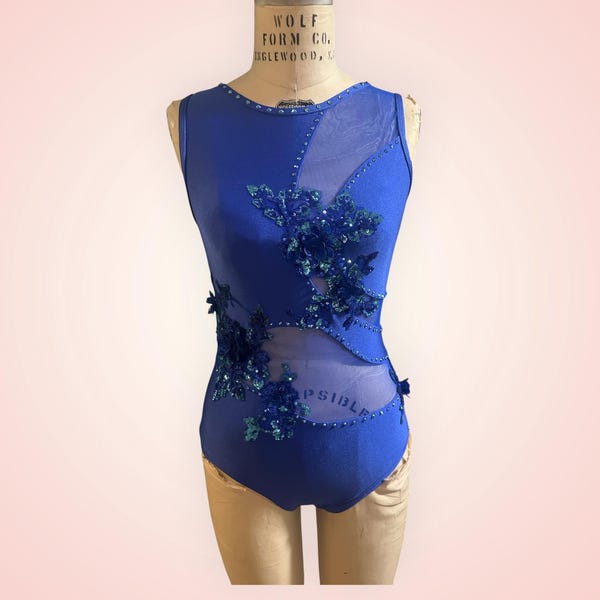 Competitive Custom Dance costume, handmade leotard with applique, competitive bodysuit with mesh cut-outs, crystals, ready to ship