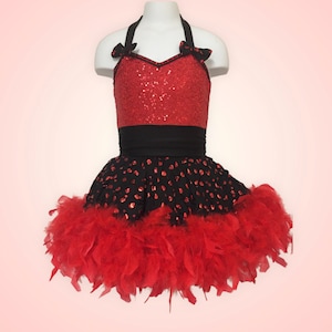 Custom Dance costume, dance competition costume, handmade dance costume, red and black costume with feathers