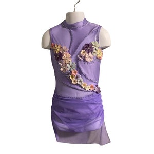 Crystals Competitive Dance Costume, Ruched Mesh, 3D Flower Appliqués