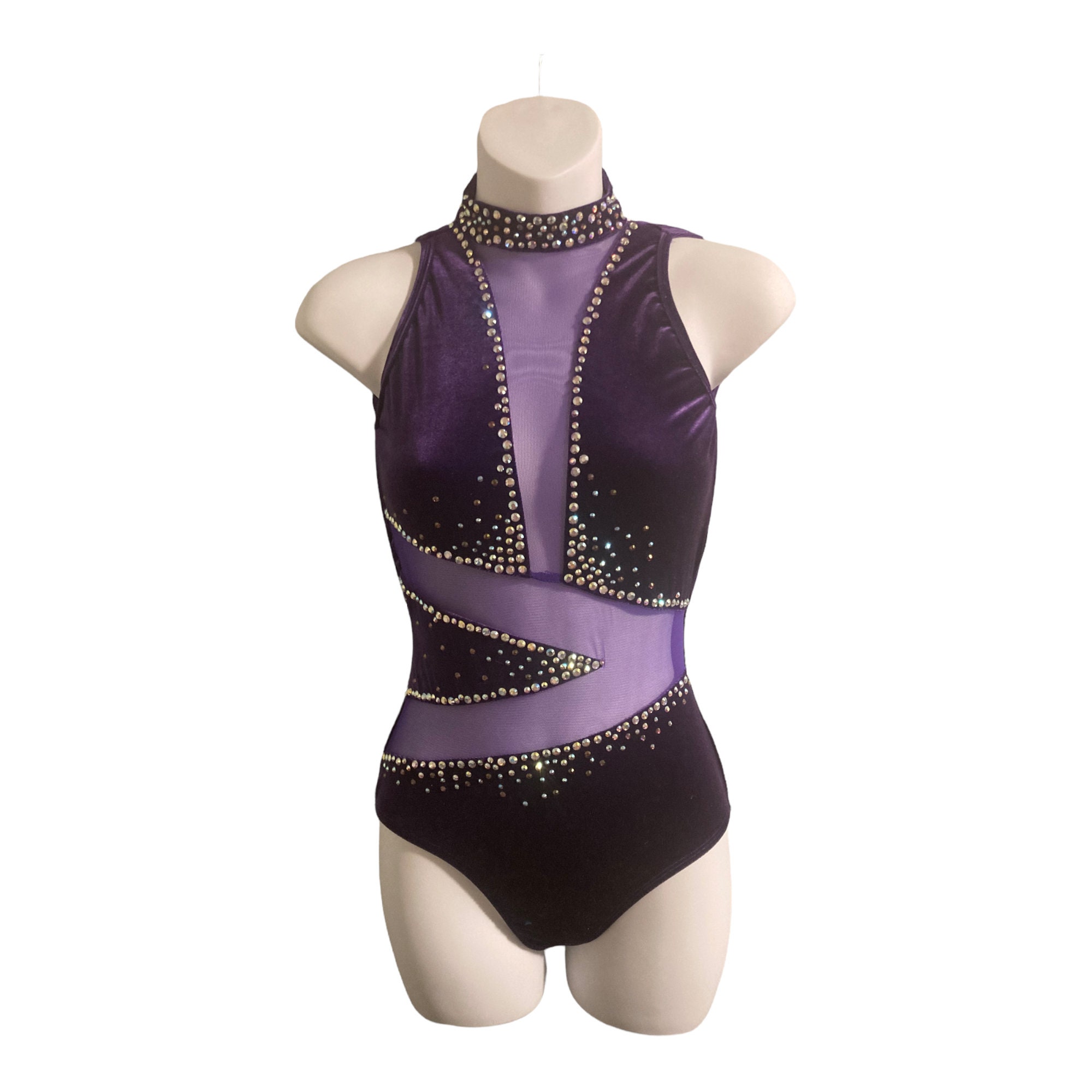 Dance costume, competitive costume, velvet bodysuit with mesh and crystals