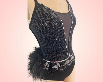 Custom Dance costume, dance competition, handmade dance costume, black velvet with silver glitter, ombre fringe, black ostrich feathers