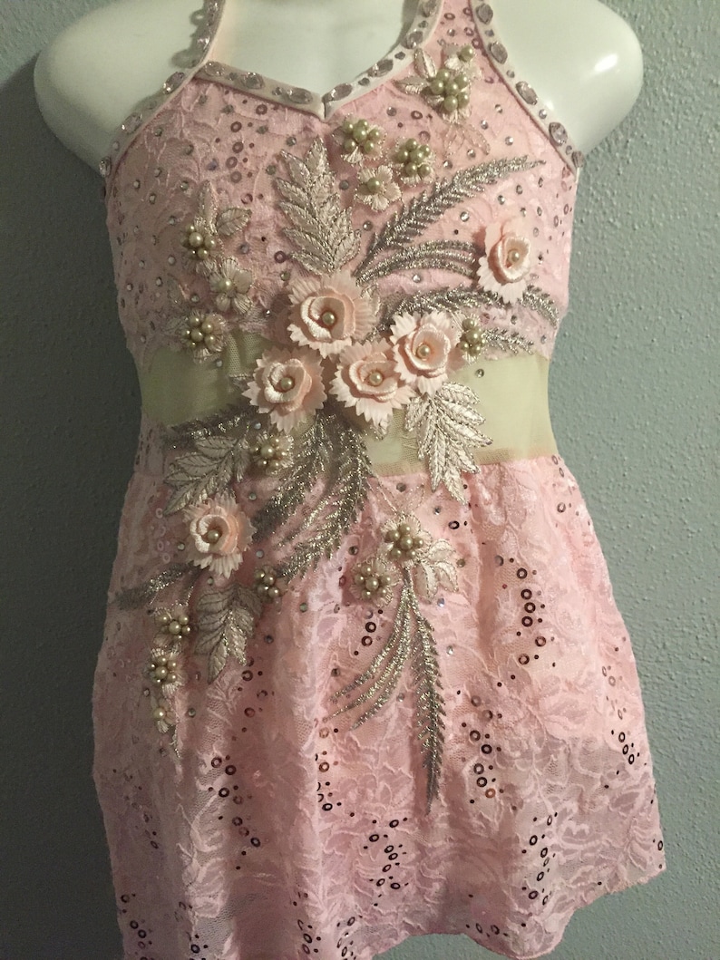 Dance costume, Light Pink Lace with crystals and asymmetrical skirt, size 7, ready to ship image 3