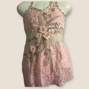 Dance costume, Light Pink Lace with crystals and asymmetrical skirt, size 7, ready to ship image 2