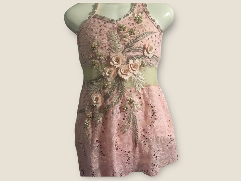 Dance costume, Light Pink Lace with crystals and asymmetrical skirt, size 7, ready to ship image 2