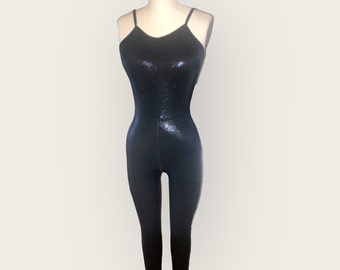 Unitard, shiny black catsuit with adjustable straps, made to order