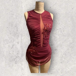 Custom Dance costume, dance competition, burgundy gathered mesh over burgundy spandex dress with appliques and crystals
