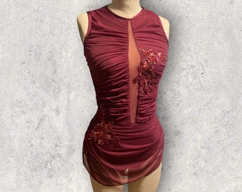 Custom Dance costume, dance competition, burgundy gathered mesh over burgundy spandex dress with appliques and crystals
