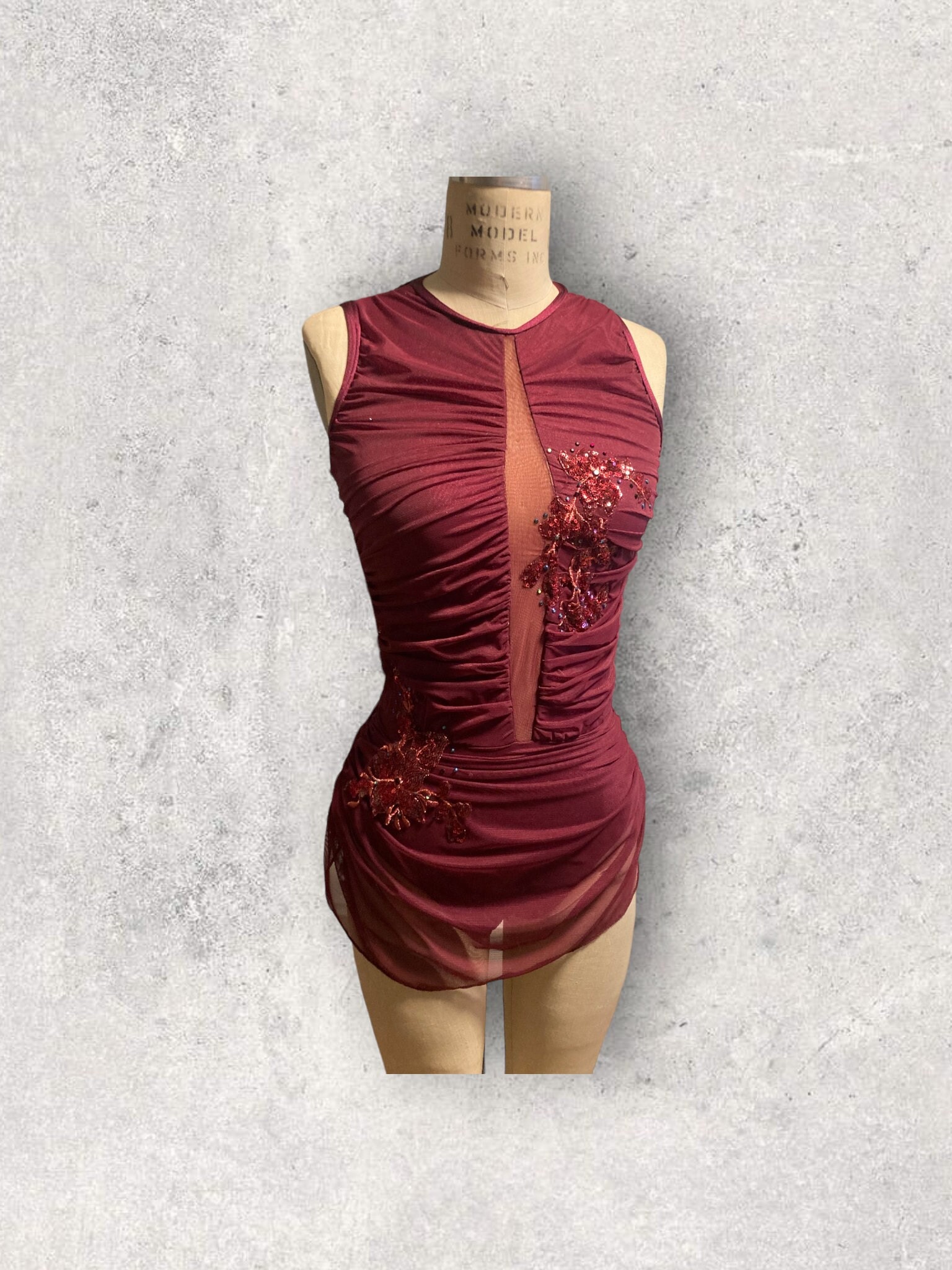 Custom Dance Costume Dance Competition Burgundy Gathered Mesh Over Burgundy Spandex Dress With Appliques and Crystals Etsy