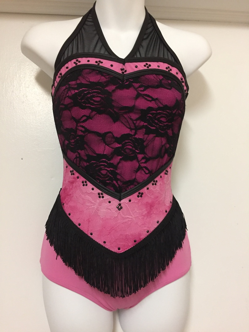 Competitive Dance Costume, Halter Leotard With Contrast Lace and Mesh