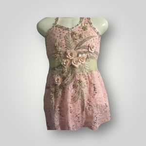 Light Pink Lace Dance Costume: Crystals, Asymmetrical Skirt, Size 7
