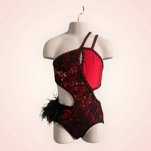 Custom Dance costume, dance competition costume, handmade dance costume, red and black sequin lace, red tricot jersey black ostrich feathers