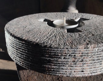 Millstone - candle holder, diameter 20cm, Natural granite stone, Lathework sharp surface, Old style indurstrial art, Minimalist tea light