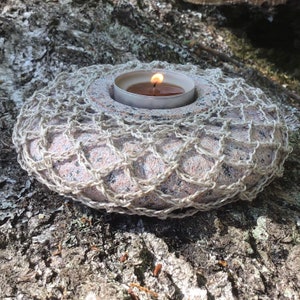 Handwork Stone Candleholder – Linen Crochet, Organic Granite Lamp