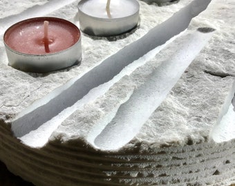 Candleholder - splitted stone surface, White marble, 3 tea lights, natural material, organic table decor for home, robust work, round shape