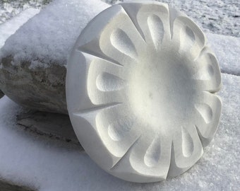 Flower Plate Decor 20cm diameter, Snow White Marble, Hand carved shape, Table Tea Candle Holder, Winter Fresh Color Stone smooth surface