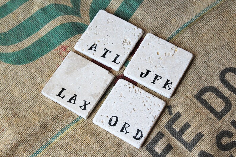 Personalized Customer Travel Decor Airport Code Travertine Coasters Set of 4 Mothers Day Gifts Mothers Day Gifts