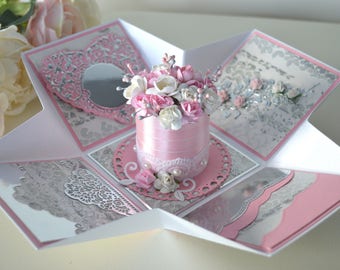 Explosion box card, Exploding box card, Pink cards, Happy Birthday cards, Card in a box, GIrly cards, Surprise box card, Handmade card