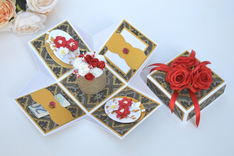 Elegant explosion box card Floral exploding box card Card in a box Red card Red birthday explosion box Anniversary gift box
