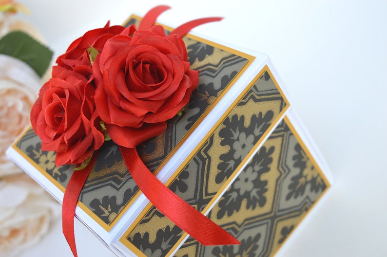 Elegant explosion box card Floral exploding box card Card in a box Red card Red birthday explosion box Anniversary gift box