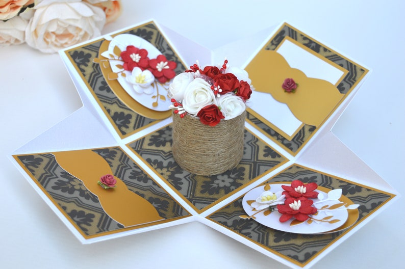 Elegant explosion box card Floral exploding box card Card in a box Red card Red birthday explosion box Anniversary gift box