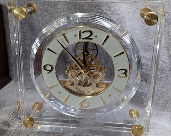 Vintage Seiko Desk/Mantle Clock ca 1980s - Clear Lucite Case with Gold-toned Accents