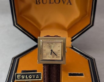 Rare 1969 Bulova President Square Watch – Gold Tone, Leather Band, Swiss Movement