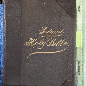 Interesting Antique The Holy Bible Indexed Edition Old and New Testaments  (ex Lib Seminary)  Octavo Size Book - New Leather Strips on Cover