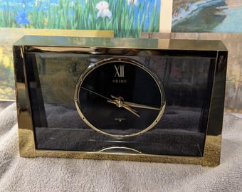 Vintage Seiko Desk/Mantle Clock ca1980s Gold Tone Smoke Tinted Glass