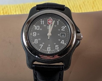 1990s Working Ladies Victorinox Swiss Army Original Watch Black Leather Band