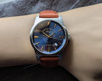 West End Swiss Automatic Watch: Blue Dial, Leather Band, Stainless Steel