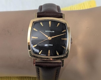 Vintage Westclox Watch 1970s Retro Square Dial 17 Jewels Swiss Movement, New Leather Band
