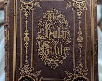Massive Antique ca 1870 Leather Holy Bible, Rare Publlisher, Illustrated King James Version