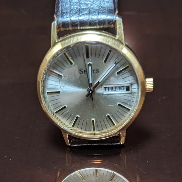 Converted 1960s Sears Men's Watch - Original Movement Changed to Modern Japanese Quartz - Day/Date Function - Stylish Retro with New Crystal