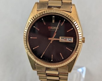 Vintage Seiko 1990s Two-Tone Quartz Watch Black Dial Day Date Indicator