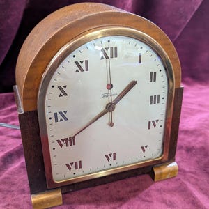 Art Deco Telechron Electric Mantle Clock: Mahogany & Maple &quot;The Doric&quot;