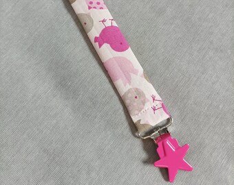 Light pink, beige and fuchsia bird pattern pacifier clips