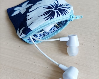 Trousse / pochettes pour écouteurs bleue fleurs tropicales