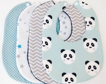 Lot de 4 bavoirs pour bébé dans les tons mint, gris, blanc et turquoise Pandas