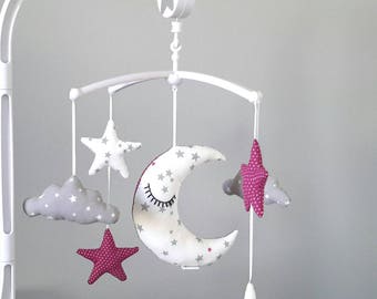 Mobile musical Moon, stars and clouds - white, grey and Fuchsia