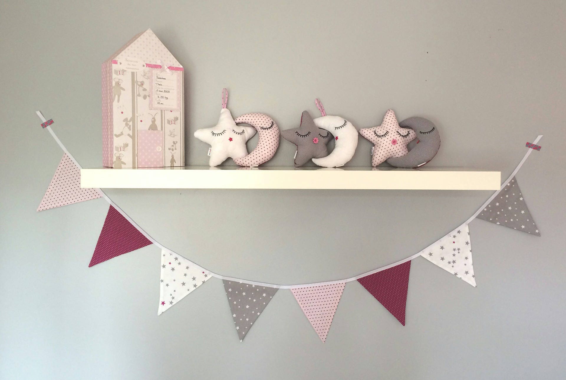 Guirlande de Fanions en Tissu Gris, Rose, Fuchsia et Blanc à Étoiles