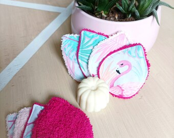 Set of 8 washable make-up remover / wash cloths in pink, blue and mint tones "Pink Flamingos" - drop format