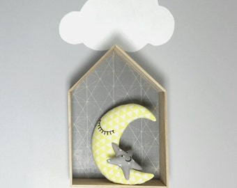 Doudou Lune et son bébé étoile gris et jaune à étoiles - Décoration mixte