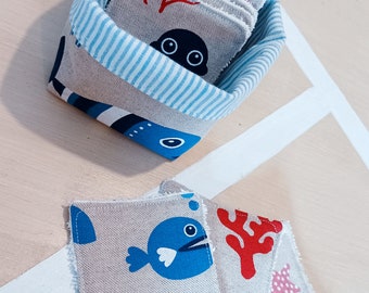 Set of 10 washable makeup remover/cleansing wipes marine animals in their matching fabric basket