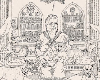 Lady with her dogs, drawing of a British old woman with dogs in tropical Indian villa in goa