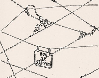 Tram cable, symmetrical urban line art drawing in b&w, made in old town of Lisbon of Rua De São Tomé, Portugal